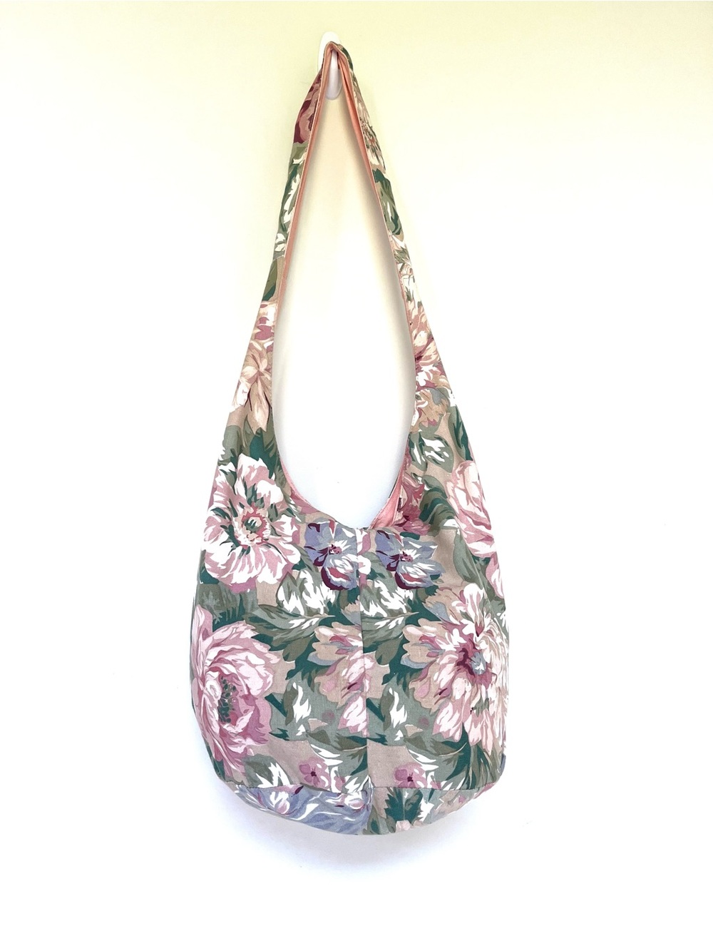 Romantic Vintage Cabbage Rose Print Hobo Bag Slouchy Boho ~ Sling Sac Bag